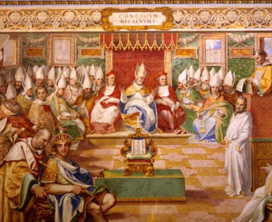 Fresco painting of the First Council of Nicaea (Concilium Nicaenum I), Sistine Chapel, Vatican.