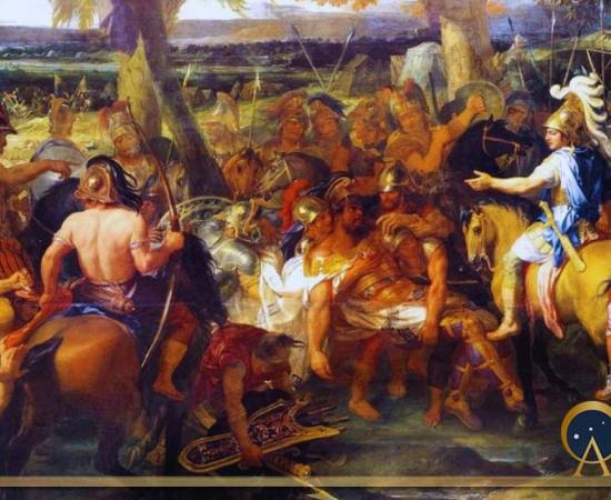 A painting by Charles Le Brun, French painter and art theorist, depicting Alexander and Porus during the Battle of the Hydaspes (1673) design by Anand N. Balaji (Public Domain); Deriv.