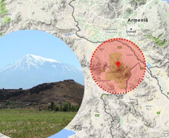 Mount Ararat is located near the border between Armenia and Turkey. Insert: Image of Mount Ararat.
