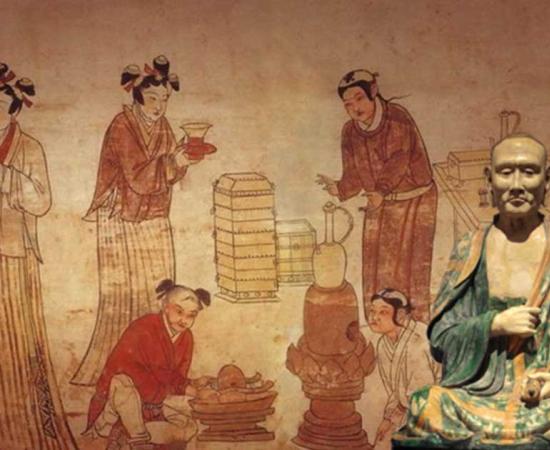 Liao Dynasty (907-1125) tomb mural by unknown painter in Inner Mongolia. Scene of everyday life. Men and boys have distinctive Khitan hairstyle. (Public Domain) Insert: A famous Liao Dynasty Sancai Luohan, Circa 1000