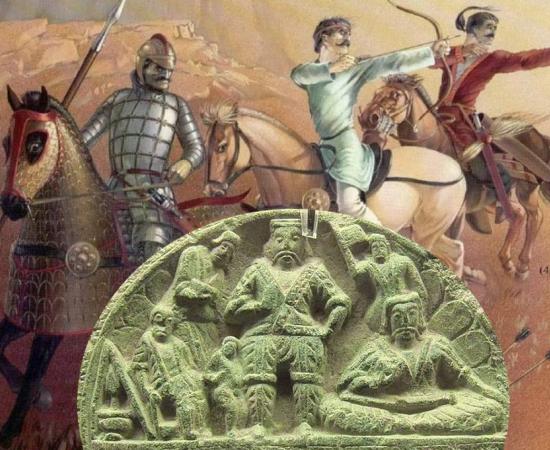 Stone palette depicting Yuezhi king and attendants 