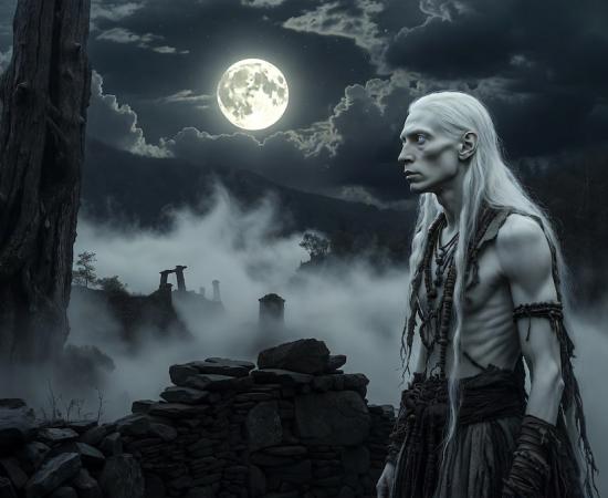 A hauntingly beautiful AI-generated image in landscape format: Under a luminous full moon, a pale-skinned albino Native American with long white hair stands guard among ancient stone ruins in the misty Appalachian Mountains.