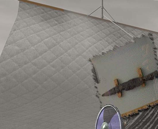 The Norse spearhead from Charles Point on an image of a Viking Ship.