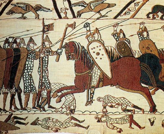 Cavalry attack on the Bayeux tapestry. This tapestry depicts the Normans preparing for and invading England.