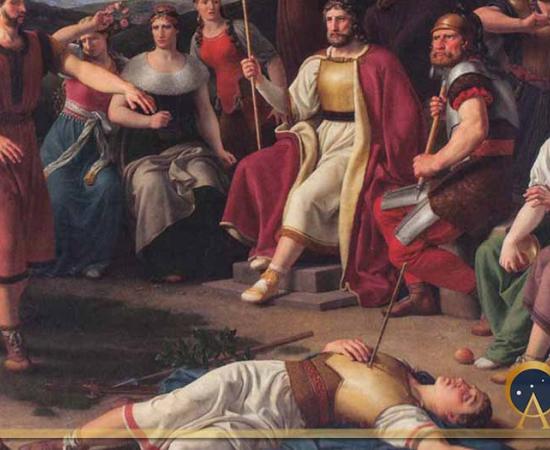 Baldr’s death by Odin is sitting in the middle of the Æsir by Christoffer Wilhelm Eckerberg. Yggdrasil and the three Norns can be seen in the background. (1817) Charlottenborg Palace (Public Domain)