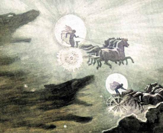 The Wolves Pursuing Norse sun and moon gods Sol and Mani            Source: John Charles Dollman, 1909, Public Domain, colorized