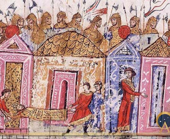 The body of Leo V is dragged to the Hippodrome through the Skyla Gate. Varangian Guardsmen, an illumination from the Skylitzes Chronicle; many if not most members of the Varangian guard were English after the 11th century (Public Domain)