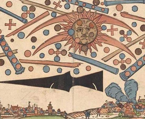 The celestial phenomenon over the German city of Nuremberg on April 14, 1561, as printed in an illustrated news notice in the same month. Source: Public Domain