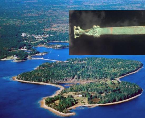 Main: Featured image: Oak Island, Nova Scotia, Inset: The Roman sword found in water just off the mysterious Oak Island, Nova Scotia.