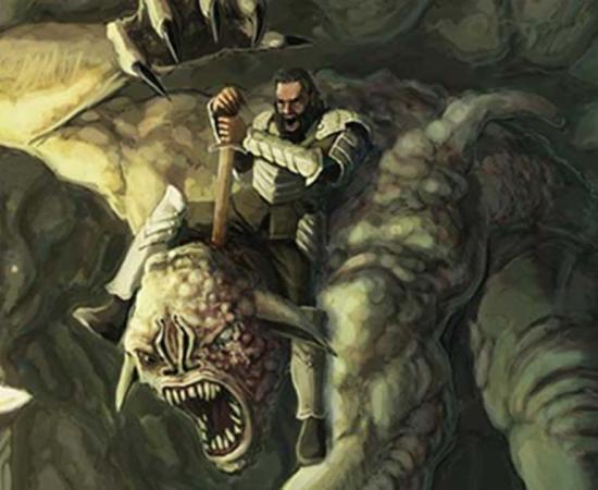 Beowulf fighting Grendel’s Mother beside Grendel’s body.