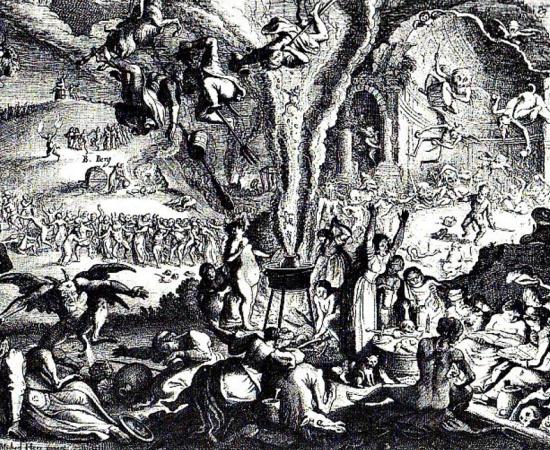 Old engraving depicting a coven. 