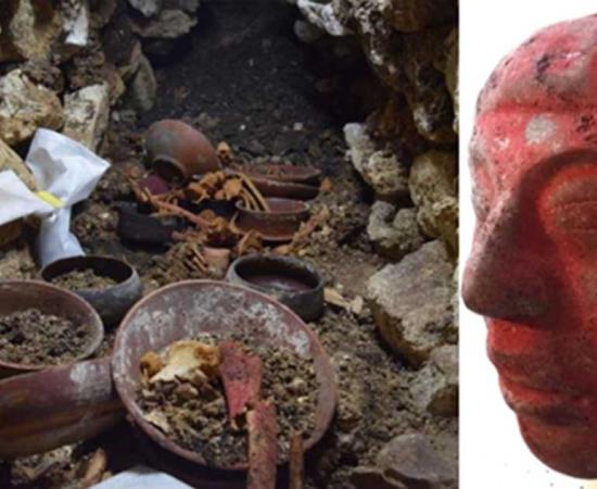 A stone cup in the center of burial 80 surrounded by bones during excavation. And the jade mask found in the burial, painted red with cinnabar paint