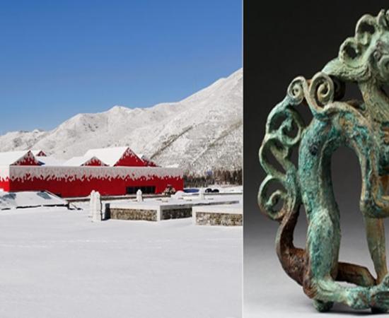 The Taizicheng ruins in Zhangjiakou, Hebei Province, China, known as the Olympic village discovery of 2022. Left; Bronze dragon figure from Zhangjiakou. 	 Source: Hebei Provincial Institute of Cultural Relics and Archaeology