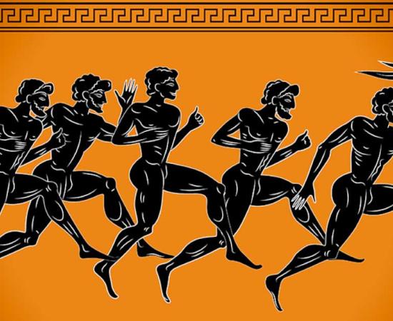 Ancient Greek-style illustration of naked Olympic runners. Source: sebos / Adobe Stock 