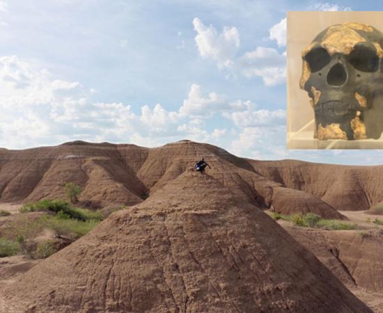 The Omo Kibish formation where the fossils of the oldest Homo sapiens were discovered. Inset: Reproduction of an Omo I skull.	Source: Céline Vidal 2018/ Nature (Inset: CC BY-SA 4.0)