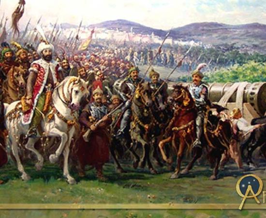 Modern painting of Mehmed and the Ottoman Army approaching Constantinople with a giant bombard, by Fausto Zonaro