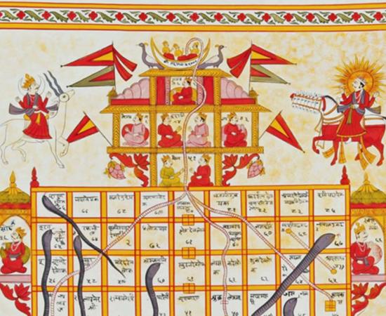 Jain version Game of Snakes & Ladders called jnana bazi or Gyan bazi, India, 19th century, Gouache on cloth.