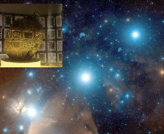 Closeup Image of Orion's Belt (Public Domain) and Vucedol Pot (oocities.org)