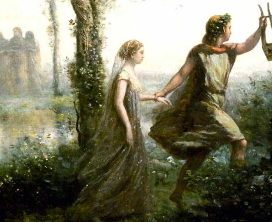 Detail from 'Orpheus Leading Eurydice from the Underworld' by Jean-Baptiste-Camille Corot, 1861. Public Domain