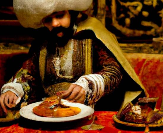 A Sultan of the Ottoman Empire having a feast. Source: AI generated.