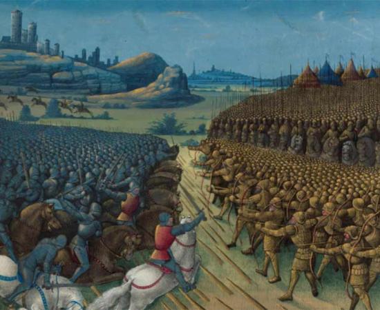 The Battle of Nicopolis, took place during the earliest stages of the Ottoman-Venetian Wars, a miniature by Jean Colombe painted in circa 1475. 