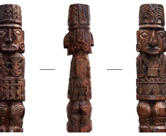 The wooden statue of the Pachacamac idol.  Source: (Sepúlveda M, Pozzi-Escot D, Angeles Falcón R, Bermeo N, Lebon M, Moulhérat C, et al. (2020)/ PlosOne)/ Museo de sitio Pachacamac