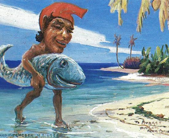 Painting of a Menehune or the first Hawaiian people from 1933 by D. Howard Hitchcock.