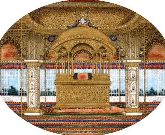 Painting of the second Peacock Throne from the Red Fort in Delhi, India. (1850) The first Peacock Throne was taken as a war trophy by the Persian King Nader Shah in 1739 and has been lost ever since. 