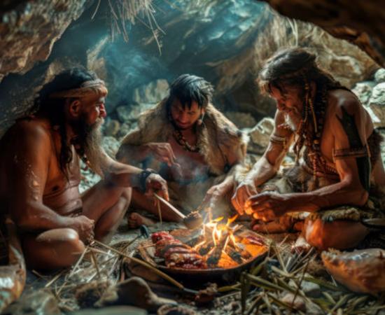 Tribe of Prehistoric people Grilling and Eating Meat of what was once claimed to be the paleolithic diet.