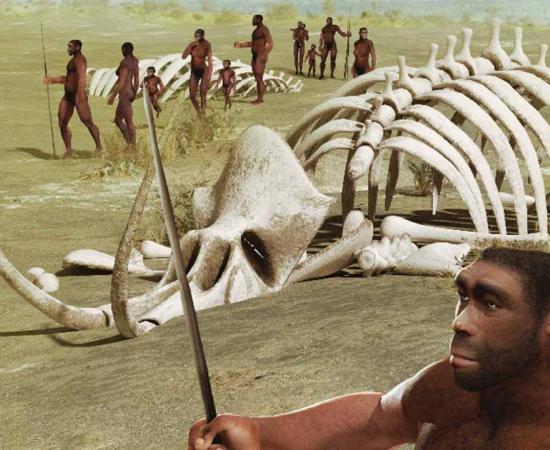 A tribe of human ancestors, Homo erectus, wanders through the savannah past mammoth skeletons. Source: ratpack223/Adobe Stock)