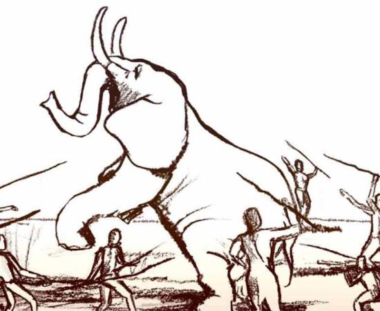 Illustration of Paleolithic elephant hunting using spears.     Source: Dana Ackerfeld/Tel Aviv University