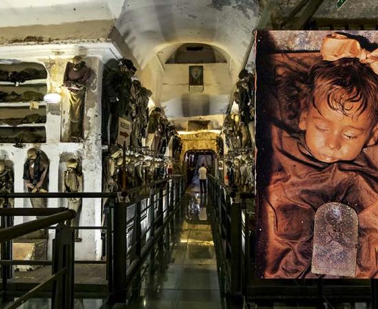 Inside the Palermo catacombs, Palermo, Sicily, Italy and an image of Rosalia Lombardo, who died in 1920, as she appeared in 1982. Source: toshket / Adobe Stock and Maria lo sposo assumed / Public domain