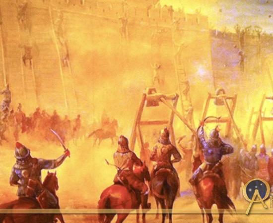 Mural of siege warfare, Genghis Khan Exhibit in San Jose, California, US 