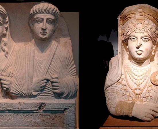 Limestone bust from a Palmyrene funerary relief; double bust of man and his wife; she is veiled with the fillet; wears drop ear-rings and two long curls of hair; holds in left hand distaff and spindle; he wears a toga and holds a strip of writing material in his right hand; inscription; 2 ll. Inscription: OYIPIA ( ) OIBH () AIOCOYIIOC () KIMOC - Viria Phoebe and Gaius Vurus. Left: Bust of a noblewoman nicknamed "Beauty of Palmyra” Copenhagen, Denmark.	Source:  Carole Raddato from FRANKFURT, Germany/CC BY-SA