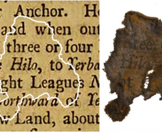 A fragment of paper discovered on Blackbeard's flagship Queen Anne’s Revenge, compared with the book it was determined to be from. Credit: North Carolina Department of Natural and Cultural Resources