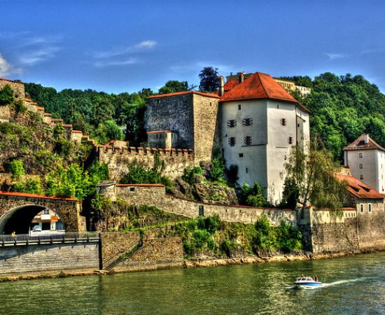 Medieval style buildings in Passau where three people were found dead, shot by crossbow