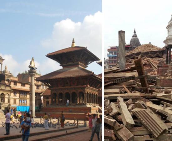 The Patan Durbar Square, one of four plazas that remain that were home to the Nepalese royal family, before and after the earthquake.