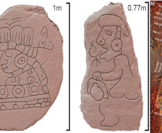 Left; Carved stone monuments at the summit of Cerro Patlachique. Right; lidar of the top of Cerro Patlachique.
