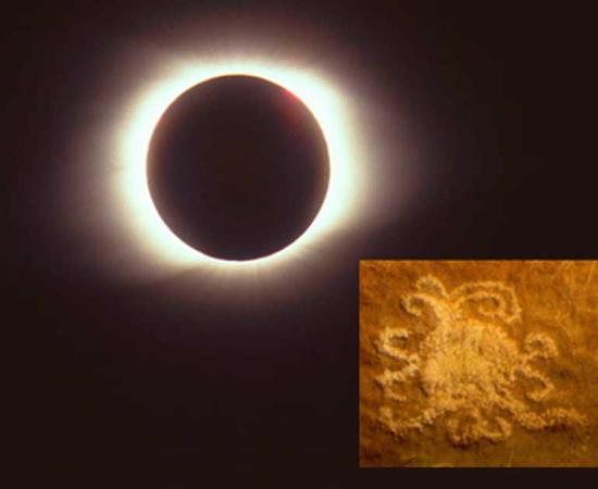 Main: Total eclipse of the sun taken on 9 March 1997 (CC by SA 3.0). Inset: The petroglyph in Chaco Canyon, which may represent a solar eclipse. Credit: University of Colorado