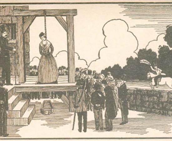 Depiction of the hanging of Elizabeth Wilson, with William Wilson coming with the pardon (from a later edition of The Pennsylvania Hermit).