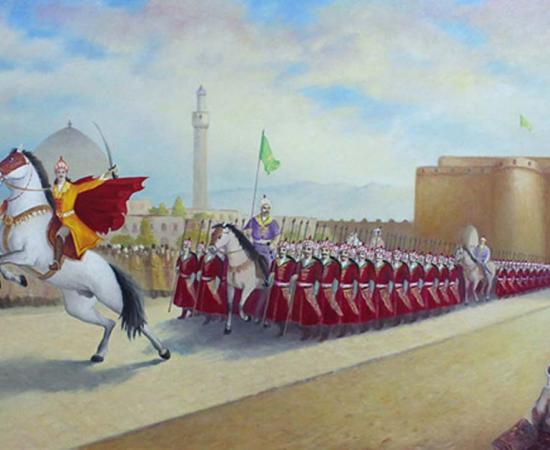 New Persian dynasty ruler, Ismail declares himself "Shah" by entering Tabriz; his troops in front of Arg of Tabriz, painter Chingiz Mehbaliyev.