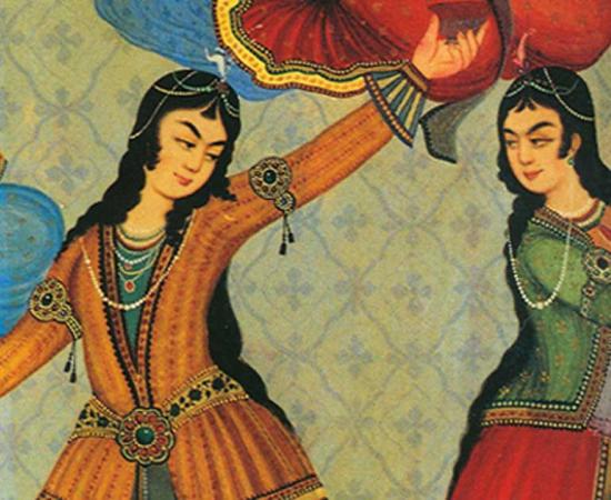 Persian Women dancing. From a wall painting at "Hasht Behesht Palace" (Palace of 8 heavens), Isfahan, Iran. 