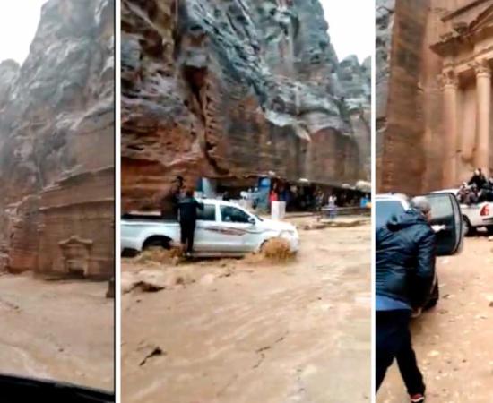 Scenes of the evacuation and flood of Petra historic site. Source: Twitter Screenshot