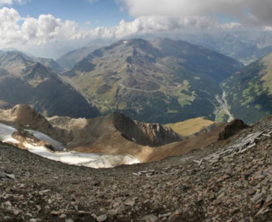 View from Pizzo Tresero, within the Stelvio National Park, Loombardy, Italy, where ethe petroglyphs have been discovered.