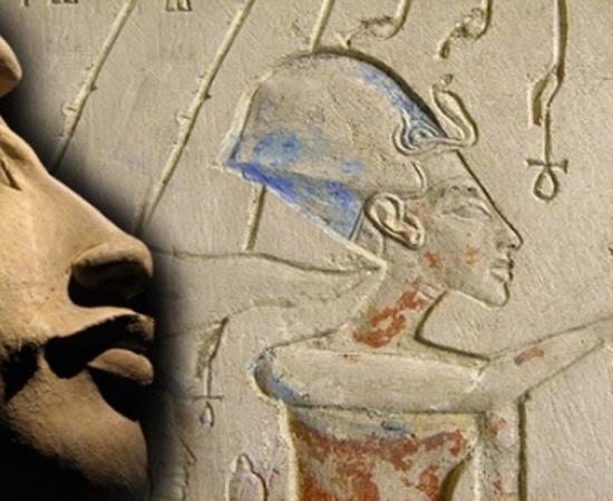 Akhenaten, relief of the pylons of the house of Panehsy, Chief Servitor of the Aten. It depicts Akhenaten making offerings to the Aten. 