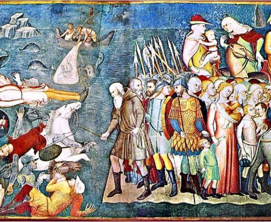 Pharaoh and his army drown trying to cross the Red Sea, as reflected in the Old Testament. Bartolo di Fredi. 