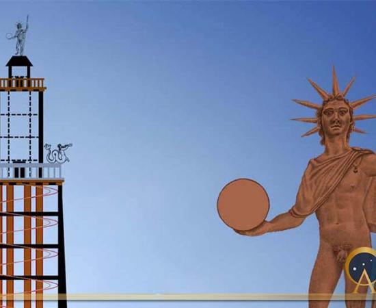 Compilation of the overall appearance of the statue based on Greek and Roman statuettes of the Sun-God and corresponding reconstruction of the 120m (393 ft) tall tower, designed by ©Andrew Michael Chugg