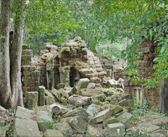 Khmer temple ruins at Phnom Kulen, a sacred mountain range in Cambodia. 