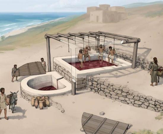 Reconstruction of the wine press at Tell el-Burak, looking from the south-east. Source: Tell el-Burak Archaeological Project; drawing by O.Bruderer; Antiquity