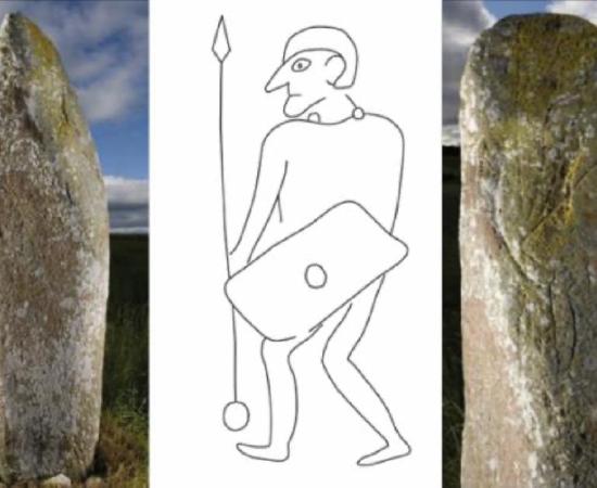 The Collessie Pictish stone and an interpretation of the warrior depicted on it. Source: Historic Environment Scotland, University of Aberdeen